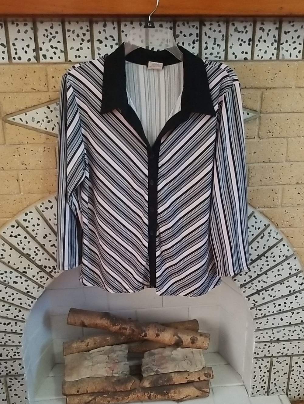 Women's Black, White, and Pink Striped Button-Down Blouse with Contrast Collar
